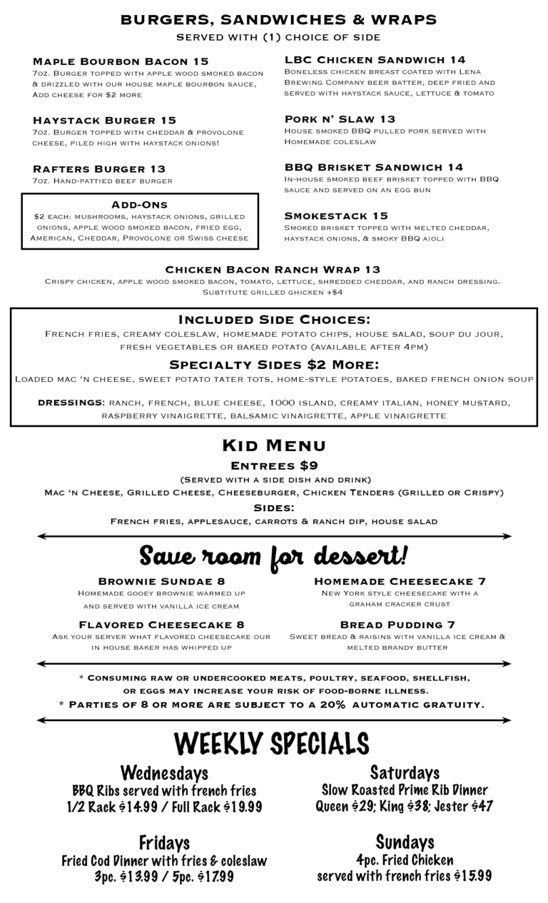 Our Menus The Rafters Restaurant Catering & Events